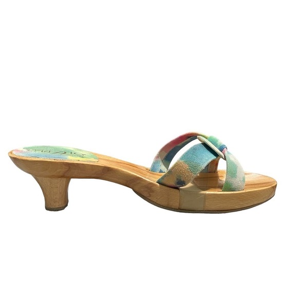 Studio Delman Handcrafted in Spain Suede Slides Sandals Tie Dye Wood Heel Size 9 - Picture 7 of 11